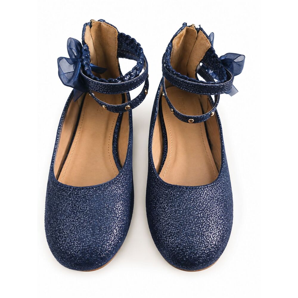 Joyfolie Lyra Navy Blue Glitter Ankle Strap Flats Bow Girls Youth Size 2